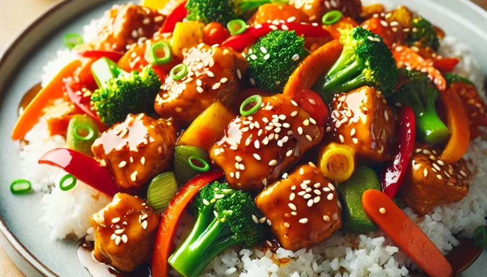 A-vibrant-plate-of-spicy-honey-garlic-chicken-stir-fry-served-over-steamed-rice.-The-dish-features-golden-brown-chicken-pieces-coated-in-a-glossy-ric