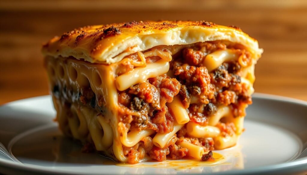 Delectable Greek pastitsio casserole, the layers elegantly revealed: a golden-brown béchamel sauce crowning a bed of tubular pasta nesting a hearty ground beef and tomato ragù. The casserole dish glistens under the warm, soft lighting, inviting the viewer to savor its comforting aromas and textures. The angle showcases the casserole's striking cross-section, highlighting the dish's irresistible Mediterranean flavors. Soft, diffused shadows lend depth and dimension, creating an appetizing, home-cooked ambiance. This tempting pastitsio exudes the simple pleasures of traditional Greek cuisine, capturing the essence of the "No-chop Pastitsio" recipe.