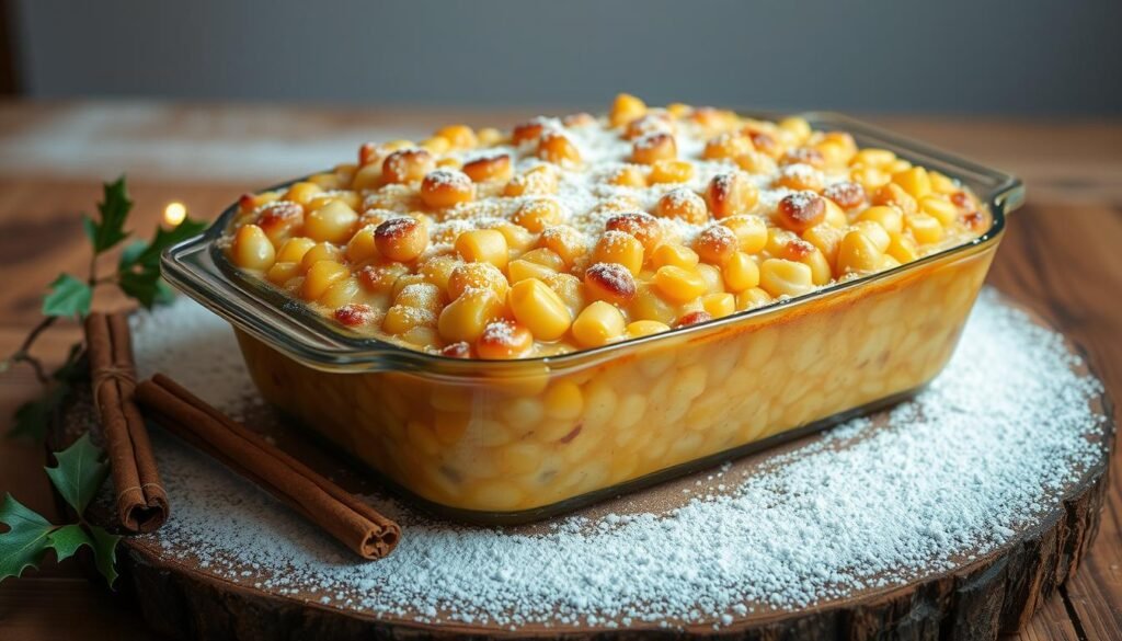 Festive corn casserole, a golden dish brimming with kernels of sweet corn, encased in a creamy, decadent sauce. The casserole sits atop a rustic wooden table, surrounded by seasonal accents - a sprig of holly, a cinnamon stick, and a dusting of powdered sugar that evokes a gentle snowfall. Warm, inviting lighting casts a soft glow, highlighting the casserole's bubbling, golden-brown top. The composition is framed by a clean, minimalist background, allowing the casserole to take center stage and whet the appetite. This image conveys the cozy, indulgent essence of the "Festive Corn Casserole" recipe, setting the stage for a delightful culinary experience.