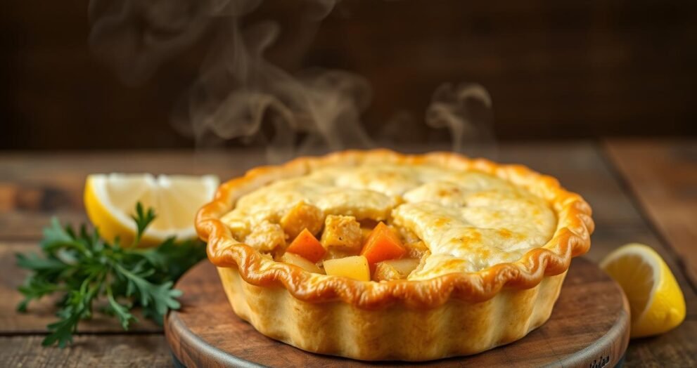 Homemade curried chicken pot pie, steam wafting from a golden-brown, flaky crust. A hearty filling of tender chicken, carrots, potatoes, and fragrant curry spices. The aroma of warm, comforting flavors fills the air, inviting you to dive into this homemade delight. The pie is presented on a rustic wooden surface, with a side of fresh herbs and lemon wedges, hinting at the vibrant taste. Soft, natural lighting casts a cozy glow, highlighting the pie's inviting appearance. This homemade curried chicken pot pie is the epitome of homestyle cooking, a perfect representation of the introduction to this delectable recipe.