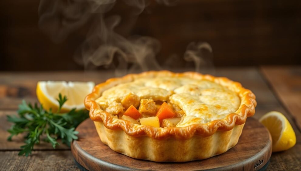 Homemade curried chicken pot pie, steam wafting from a golden-brown, flaky crust. A hearty filling of tender chicken, carrots, potatoes, and fragrant curry spices. The aroma of warm, comforting flavors fills the air, inviting you to dive into this homemade delight. The pie is presented on a rustic wooden surface, with a side of fresh herbs and lemon wedges, hinting at the vibrant taste. Soft, natural lighting casts a cozy glow, highlighting the pie's inviting appearance. This homemade curried chicken pot pie is the epitome of homestyle cooking, a perfect representation of the introduction to this delectable recipe.