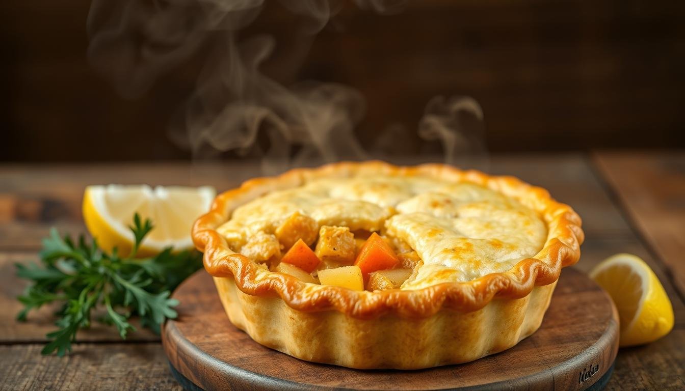 Homemade curried chicken pot pie, steam wafting from a golden-brown, flaky crust. A hearty filling of tender chicken, carrots, potatoes, and fragrant curry spices. The aroma of warm, comforting flavors fills the air, inviting you to dive into this homemade delight. The pie is presented on a rustic wooden surface, with a side of fresh herbs and lemon wedges, hinting at the vibrant taste. Soft, natural lighting casts a cozy glow, highlighting the pie's inviting appearance. This homemade curried chicken pot pie is the epitome of homestyle cooking, a perfect representation of the introduction to this delectable recipe.