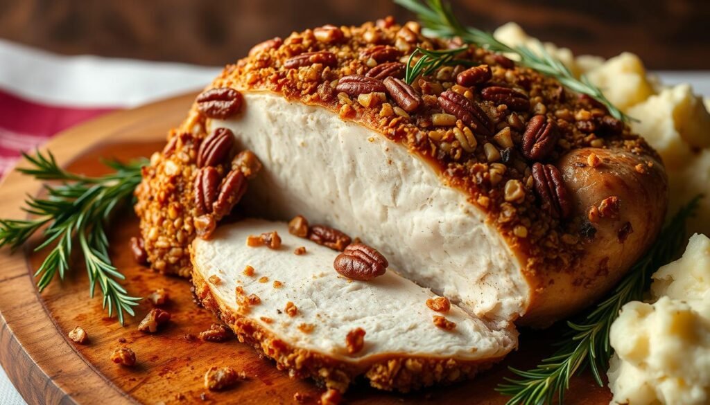Pecan Encrusted Turkey Breast, a centerpiece of the holiday table. The breast is bathed in a rich, golden crust, the pecans adding a delightful crunch. Succulent meat glistens under soft, even lighting, inviting the viewer to imagine the aroma of rosemary and thyme wafting through the kitchen. A crisp skin, lightly charred, frames the tender interior. The turkey is presented on a rustic wooden board, surrounded by sprigs of fresh herbs, lending an air of homespun elegance. A side of steaming, buttery mashed potatoes completes the scene, hinting at the satisfying meal to come.