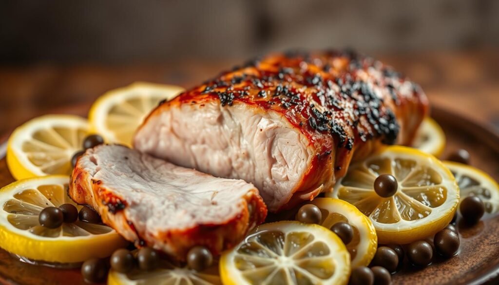 Succulent pork tenderloin, seared to a golden brown crust, nestled on a bed of vibrant lemon slices and caper berries. Soft, tender flesh infused with the zesty, briny flavors of lemon and capers. Dramatic side lighting casts dramatic shadows, highlighting the intricate texture of the meat. The scene is set against a muted, earthy background, allowing the flavorful pork to take center stage. A professional, high-resolution photograph captured with a shallow depth of field, creating a visually compelling and appetizing image.