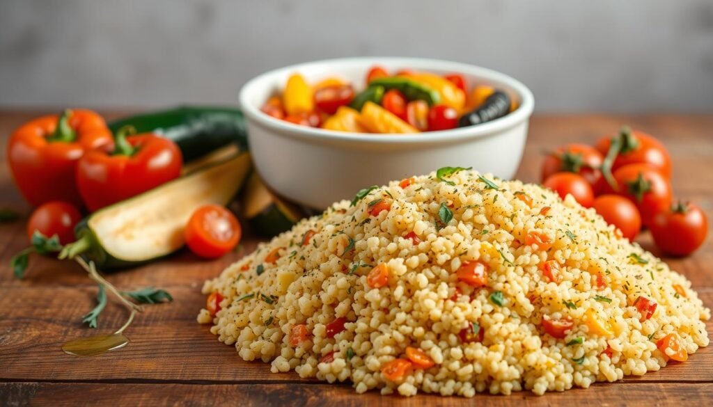 Vegetarian couscous dish with vibrant vegetables, served on a rustic wooden table. In the foreground, a pile of fluffy couscous grains, sprinkled with fresh herbs and spices. Surrounding it, an assortment of roasted bell peppers, zucchini, and cherry tomatoes, drizzled with olive oil. In the middle ground, a white ceramic bowl filled with the vegetable and couscous mixture, arranged in an appetizing manner. The background features a simple, neutral-toned backdrop, allowing the colors and textures of the dish to shine. Soft, even lighting illuminates the scene, creating a warm, inviting atmosphere.