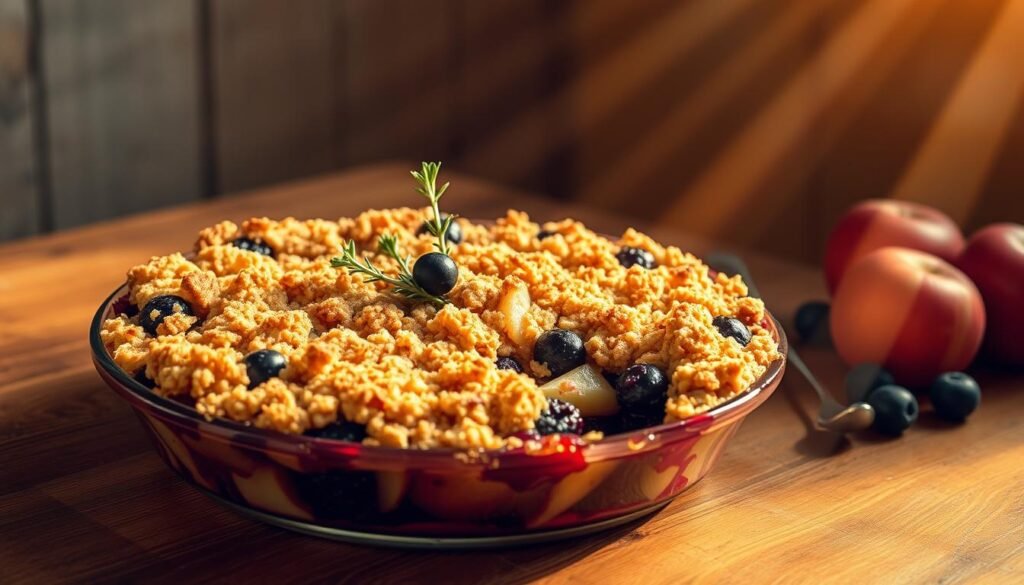 A beautifully crafted homemade apple and blueberry crisp, fresh from the oven, sits on a rustic wooden table. The golden-brown crumble topping glistens, inviting a scoop to reveal the juicy, bubbling fruit filling underneath. Soft rays of warm, golden light cascade over the scene, creating a cozy, inviting atmosphere. The crisp's alluring aroma fills the air, promising a comforting, indulgent dessert experience. A single sprig of fresh thyme adds a touch of elegant simplicity to the composition. The image captures the essence of a traditional, comforting homemade crisp, perfect for enjoying on a chilly autumn evening.
