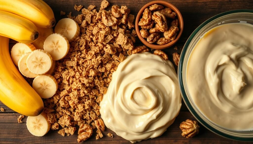 A bountiful arrangement of fresh banana slices, crushed graham crackers, chopped walnuts, and creamy vanilla-scented batter, all bathed in warm, soft lighting. The ingredients are neatly placed on a rustic wooden table, creating a welcoming and wholesome atmosphere. The camera angle is slightly elevated, capturing the textures and colors of the components in vivid detail. This image conveys the homemade, comforting essence of the upcoming Banana Crunch Cake, enticing the viewer to imagine the delightful flavors and textures of this delectable dessert.