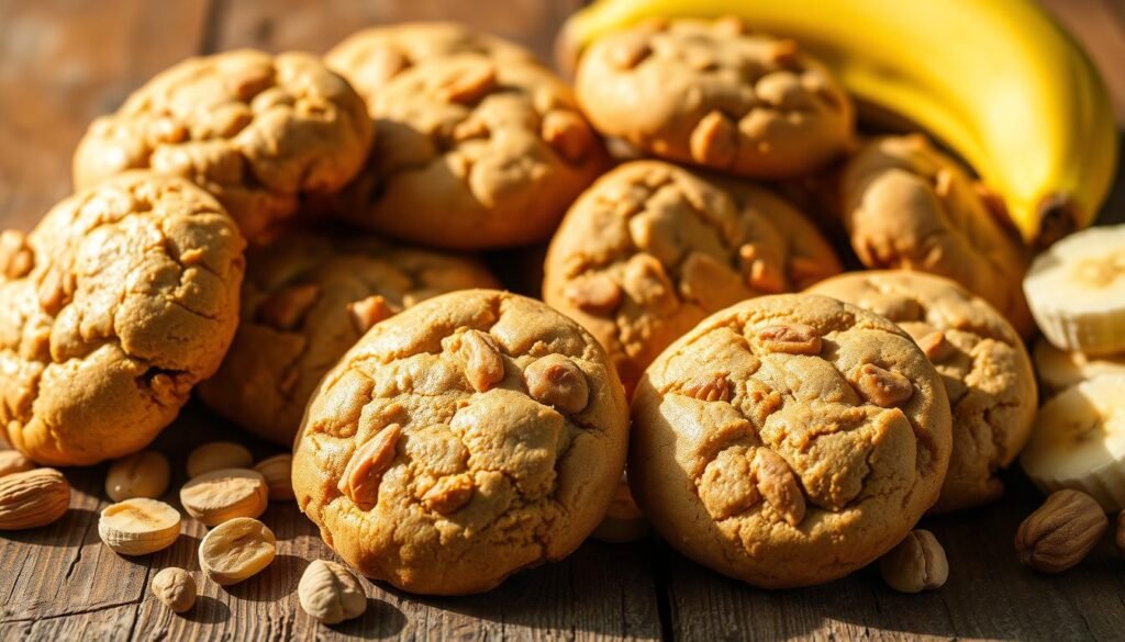 A bountiful arrangement of fresh, homemade peanut butter and banana cookies, artfully presented on a rustic wooden surface. The cookies have a soft, golden-brown exterior and a delightful, chewy interior, emanating the comforting aromas of roasted peanuts and ripe bananas. The scene is bathed in warm, natural lighting, casting gentle shadows and highlighting the cookies' appealing textures. The composition features a handful of whole peanuts and sliced bananas, adding visual interest and emphasizing the wholesome, nutritious ingredients. The overall atmosphere is one of wholesome indulgence, inviting the viewer to imagine the satisfying taste and wholesome goodness of these irresistible treats.