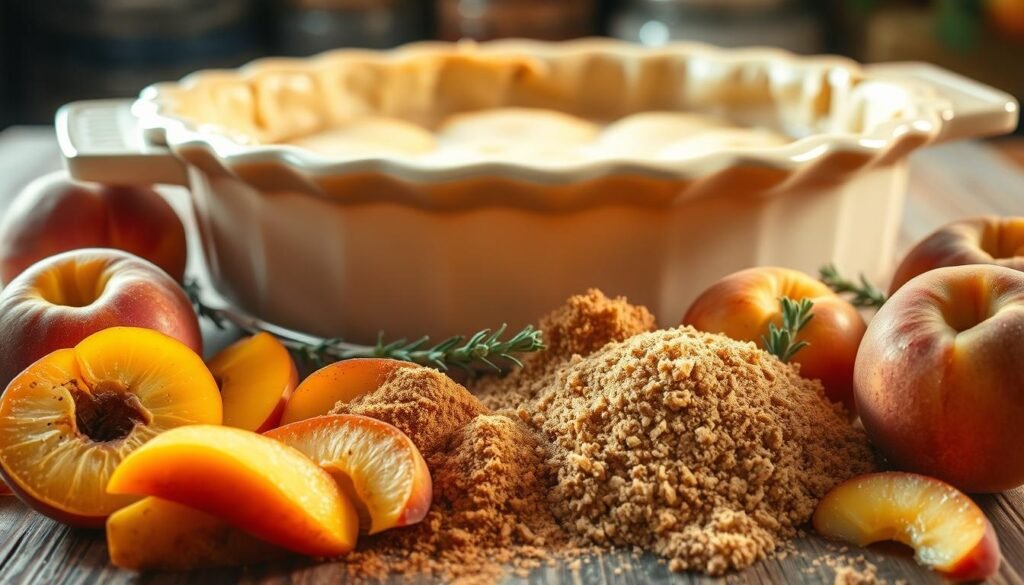 A bountiful arrangement of fresh peach cobbler ingredients, bathed in warm, golden light. In the foreground, ripe peach slices tumble alongside a pile of fragrant ground cinnamon. In the middle ground, a large ceramic baking dish sits atop a rustic wooden table, filled with a buttery, flaky crust. Surrounding the dish, a scattering of brown sugar crystals and a few sprigs of fresh thyme add depth and texture. The background is softly out of focus, hinting at a well-stocked kitchen pantry. The overall mood is one of homey comfort and mouthwatering anticipation.