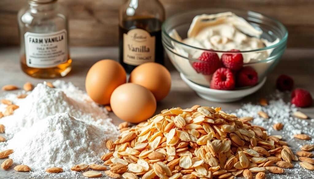 A carefully arranged still life showcasing the key ingredients for almond macaroons. In the foreground, a pile of freshly toasted almond slivers, their golden hue glistening under soft, natural lighting. Beside them, delicate mounds of powdered sugar, their fine texture contrasting with the crunchy almonds. In the middle ground, two farm-fresh eggs sit alongside a glass bowl filled with the pale, creamy batter - ready to be scooped onto a baking sheet. In the background, a jar of pure vanilla extract and a small saucer holding plump, ripe raspberries add pops of color and subtle flavors to complement the almond and coconut. The overall scene evokes a cozy, homemade feeling, ready to inspire bakers to create their own batch of delicious macaroons.
