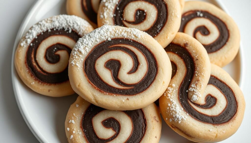A close-up, high-angle shot of freshly baked chocolate pinwheel cookies arranged on a white ceramic plate. The cookies have a spiral pattern of dark chocolate swirled through a light, buttery dough, creating a visually appealing contrast. The cookies are dusted with a light coating of powdered sugar, adding a touch of sweetness and a delicate, snowy appearance. The lighting is soft and diffused, emphasizing the rich, chocolatey hues and creating gentle shadows that accentuate the spiral design. The background is a clean, minimalist setting, allowing the cookies to be the sole focus of the image.