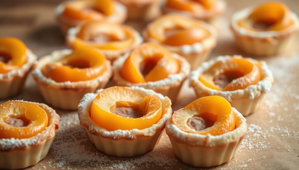 A delectable arrangement of freshly baked apricot tartlets, their golden-hued crusts glistening under soft, natural lighting. The buttery pastry shells cradle plump, tangy apricot halves, artfully arranged in a visually appealing display. The tartlets are set against a simple, clean background, allowing their vibrant colors and inviting textures to take center stage. Hints of powdered sugar dust the surface, adding a subtle sweetness to complement the fruit's bright acidity. The overall composition exudes a sense of homemade elegance and culinary craftsmanship, perfectly capturing the essence of this beloved dessert.