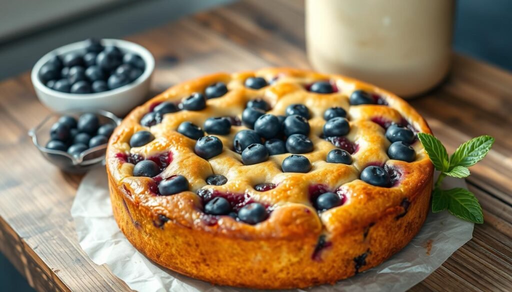 A luscious homemade blueberry yogurt cake sits on a rustic wooden table, its golden crust glistening under soft, natural lighting. The cake's center is dotted with plump, juicy blueberries that have burst during baking, creating a beautifully textured surface. Nearby, a small bowl of fresh blueberries and a sprig of mint add a touch of freshness. The scene is captured with a shallow depth of field, allowing the cake to take center stage while the background remains subtly out of focus, creating a cozy, intimate atmosphere.