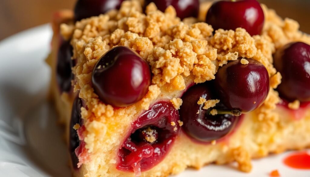 A mouthwatering close-up of a delectable cherry dessert, showcasing a soft, buttery cake base topped with an array of juicy, plump cherries nestled in a golden-brown streusel crumble. The cherry halves are glistening under the warm, soft lighting, their deep crimson hues contrasting beautifully against the light-colored cake. The dessert is presented on a simple white ceramic plate, allowing the colors and textures to take center stage. The overall composition creates a welcoming, homemade atmosphere, evoking the scent of freshly baked treats and the promise of a satisfying, indulgent experience.