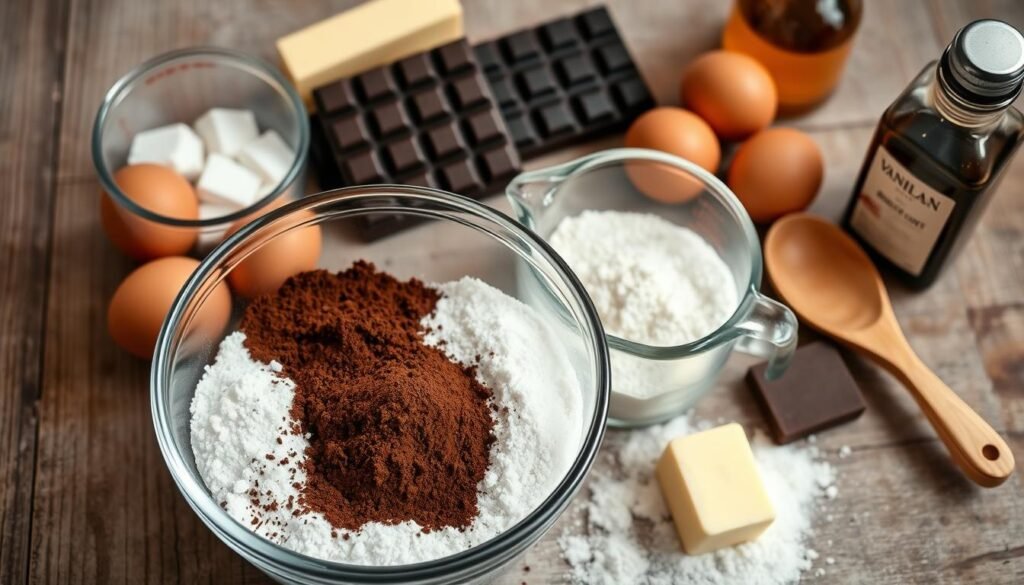A neatly arranged composition showcasing the essential ingredients for a homemade fudge cake. In the foreground, a mixing bowl filled with dark cocoa powder, granulated sugar, and all-purpose flour. Beside it, a stack of brown eggs, a glass measuring cup, and a wooden spoon. In the middle ground, a bar of dark chocolate, a stick of butter, and a bottle of vanilla extract. The background features a weathered wooden surface, with a soft, natural lighting illuminating the scene, creating a warm, inviting atmosphere for the perfect fudge cake baking experience.