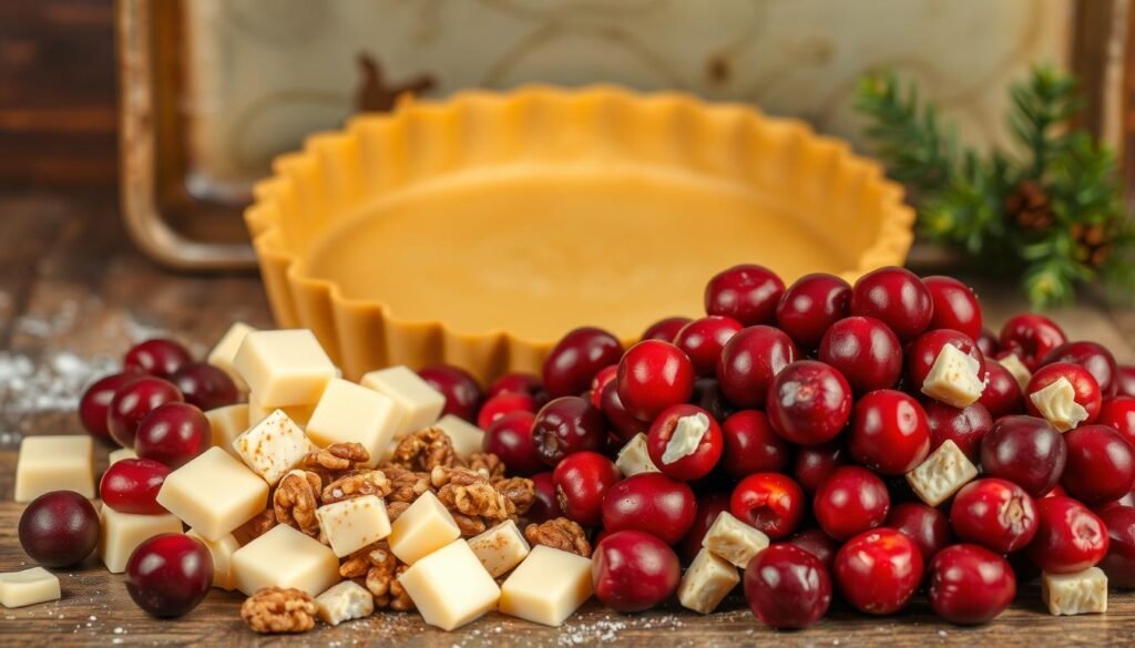 A neatly arranged still life featuring the essential ingredients for a mouthwatering white chocolate cranberry tart. In the foreground, a pile of fresh, plump cranberries, their deep red hues contrasting against the creamy white chocolate bars and chips. Nestled among them, a sprinkle of crunchy chopped walnuts and a dusting of fragrant ground cinnamon. In the middle ground, a smooth, golden-brown tart shell, its flaky pastry crust glistening under the soft, warm lighting. In the background, a vintage-inspired baking sheet, its worn surface adding a touch of rustic charm to the scene. The overall mood is one of cozy, homemade indulgence, inviting the viewer to imagine the delectable flavors and textures of the tart.