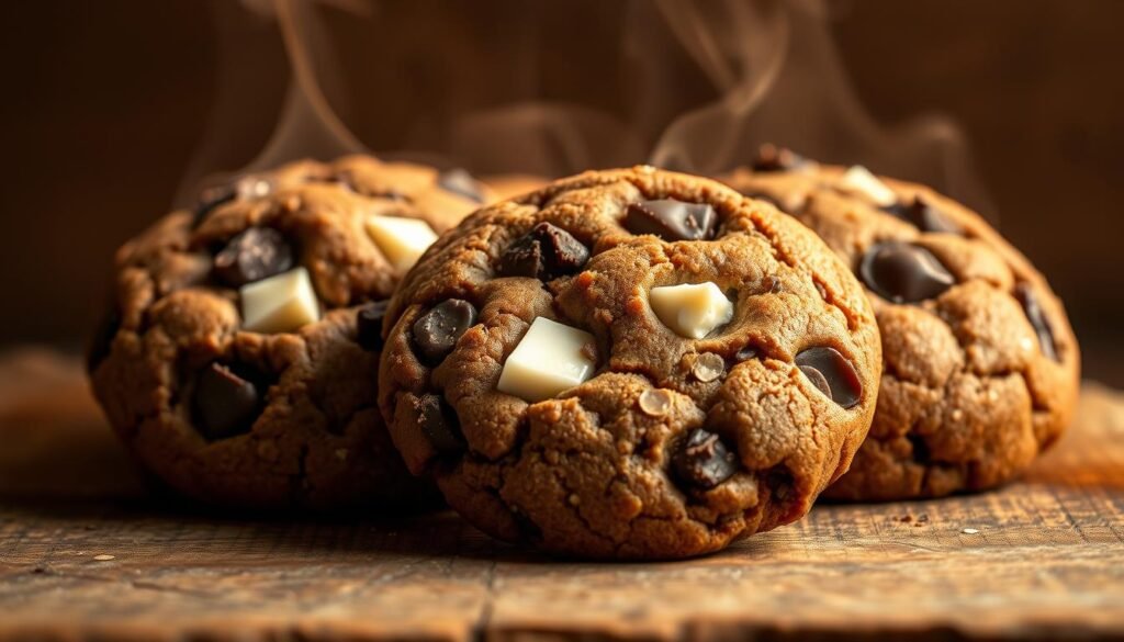 A tempting close-up of freshly baked chocolate cookies, steam rising as they sit atop a rustic wooden surface. The cookies have a delightful golden-brown exterior, with generous chunks of rich dark chocolate and creamy white chocolate nestled within their soft, chewy centers. Warm, ambient lighting casts a cozy glow, highlighting the cookies' enticing aroma and inviting texture. The scene is framed by a simple, minimalist background, allowing the mouthwatering cookies to take center stage and captivate the viewer's senses.