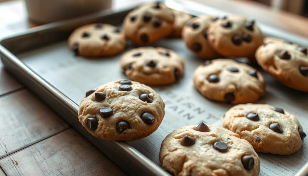 A tray of freshly baked chocolate chip shortbread cookies rests on a vintage wooden table, bathed in soft, natural lighting. The cookies, with their golden-brown tops and generous chocolate chips, are arranged in a visually pleasing, slightly haphazard manner, conveying a homemade, artisanal quality. The background features a neutral, slightly muted color palette, allowing the cookies to take center stage. The overall composition is warm, inviting, and evocative of the comforting aroma of freshly baked treats. The angle and perspective create a sense of depth, drawing the viewer's attention to the delectable details of the cookies.