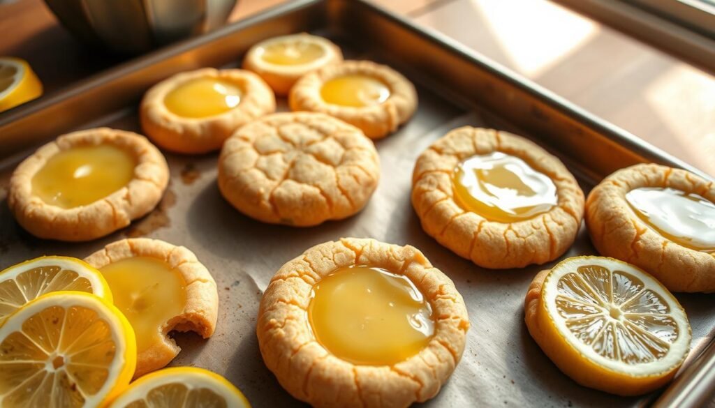 A tray of freshly baked lemon melts sits atop a wooden table, the cookies' golden-brown edges and cracked surfaces catching the warm glow of natural light streaming in through a nearby window. The lemon-infused centers have melted and oozed onto the crisp edges, creating a tantalizing textural contrast. Delicate lemon slices are artfully arranged around the tray, their bright yellow hues complementing the cookies' subtle citrus notes. The overall scene exudes a cozy, homemade atmosphere, inviting the viewer to imagine the delightful aroma and irresistible flavors of these delectable lemon melts.