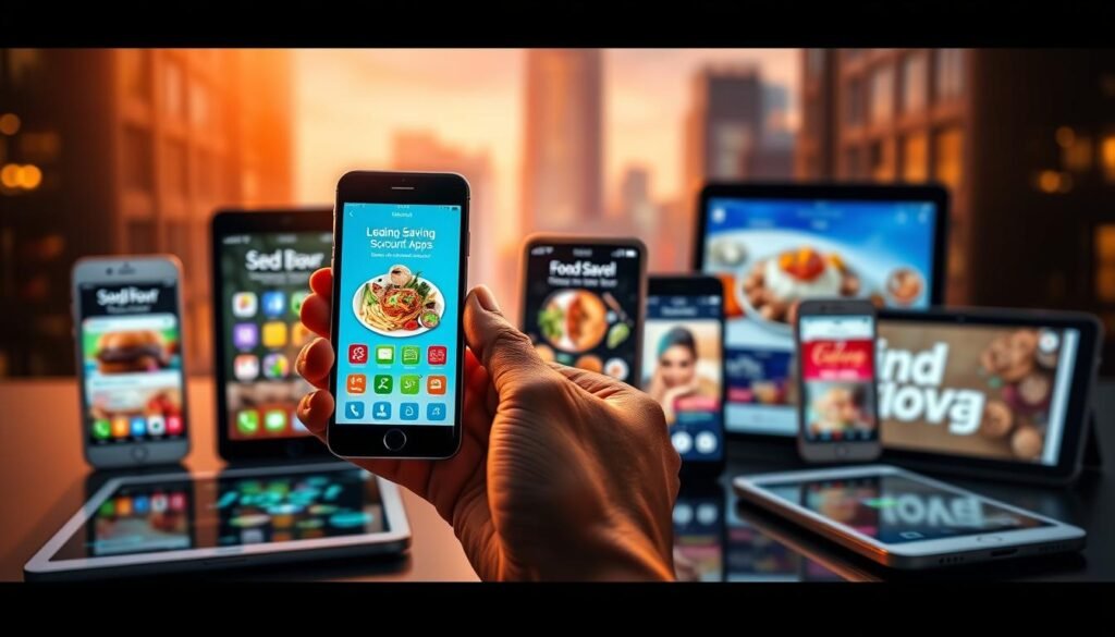 A vibrant, dynamic scene showcasing a selection of popular food discount apps on various mobile devices. In the foreground, a hands holding a smartphone displays the intuitive interface and appealing visuals of a leading app, bathed in soft, warm lighting. In the middle ground, other smartphones and tablets are arranged artfully, each showcasing different food-saving features and discounts. The background features a blurred, out-of-focus cityscape, hinting at the real-world impact of these innovative apps on urban budgets. The overall composition conveys a sense of technological empowerment, financial savvy, and the promise of culinary delights at discounted prices.