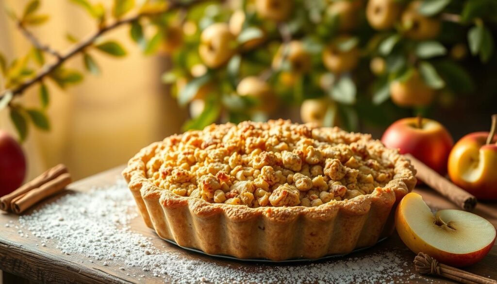 Delectable apple recipes in a rustic, cozy setting. A centerpiece apple crunch pie with a golden brown, crumbly topping sits atop a wooden table, surrounded by sliced apples, cinnamon sticks, and a dusting of powdered sugar. Warm, ambient lighting casts a soft glow, highlighting the inviting textures and colors. In the background, blurred apple tree branches sway gently, setting the scene for a homemade, comforting culinary experience. The composition emphasizes the enticing details of the apple-based dessert, drawing the viewer in to savor its delicious appeal.
