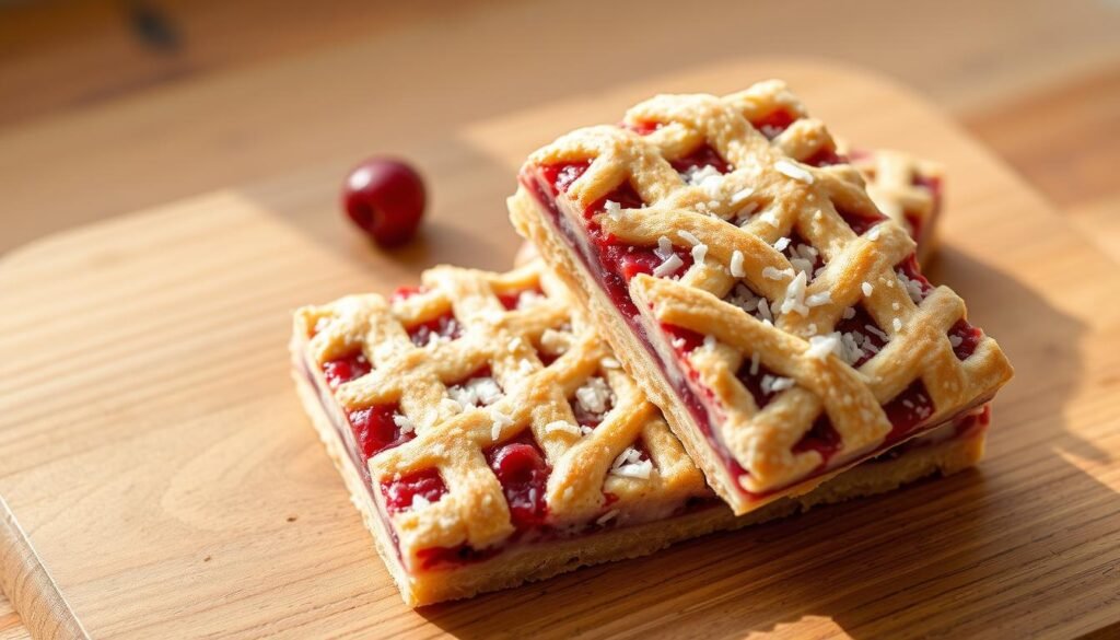 Delectable cranberry coconut bars nestled atop an elegant wooden surface, bathed in soft, natural lighting. The vibrant red cranberries and glistening shredded coconut create a mouthwatering visual, accentuated by the intricate lattice pattern of the crust. The composition is framed by a backdrop of neutral tones, allowing the bars to take center stage. Captured at a slight angle, the image conveys a sense of homemade comfort and artisanal craftsmanship. Subtle shadows and highlights add depth and dimension, elevating the overall appeal of these irresistible treats.