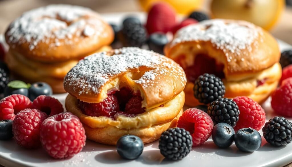 Financier cakes with fresh berries, photographed from an elevated angle with a shallow depth of field. The moist golden-brown cakes are dusted with powdered sugar, their delicate almond flavor complemented by plump, juicy raspberries, blueberries, and blackberries cascading around them. Soft, natural lighting illuminates the scene, casting gentle shadows and highlighting the intricate textures of the pastries and fruit. The background is blurred, keeping the focus on the tempting desserts presented on a simple white surface, inviting the viewer to indulge in this classic French treat.