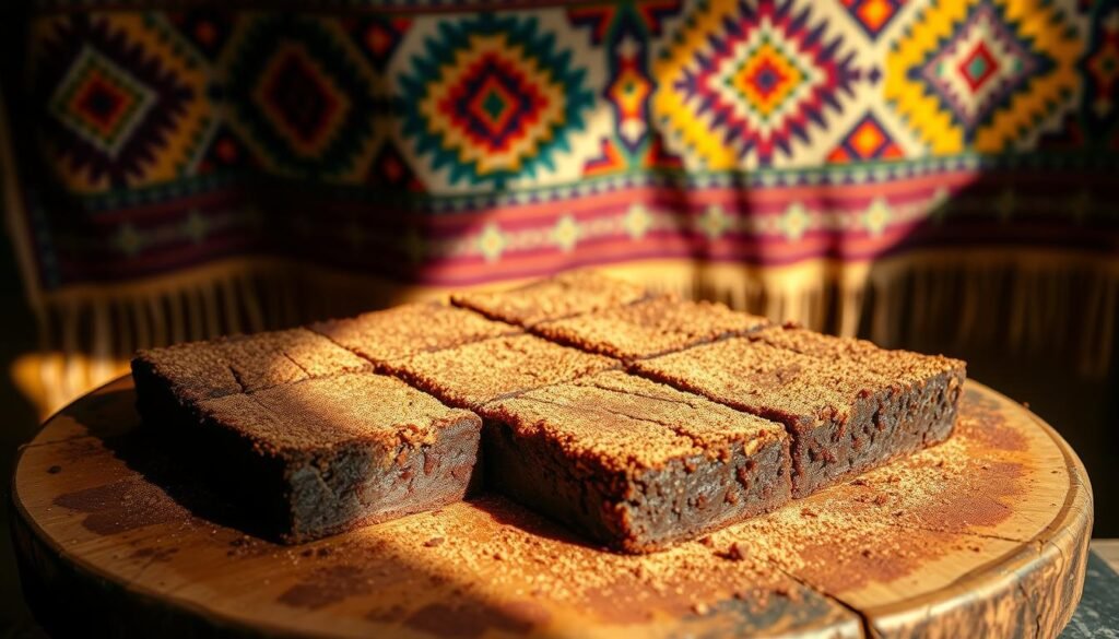 Freshly baked Aztec-style brownies, richly hued and dusted with a layer of cinnamon and cocoa powder, sit atop a rustic wooden table. The brownies are square-shaped with a soft, fudgy interior and a crackly top, their surface adorned with intricate patterns inspired by ancient Aztec designs. Warm lighting casts a cozy glow, casting shadows that accentuate the textural details. In the background, a vibrant tapestry with bold geometric motifs hangs, echoing the Aztec theme. The overall scene evokes a sense of cultural heritage, tradition, and the comforting allure of a homemade treat.