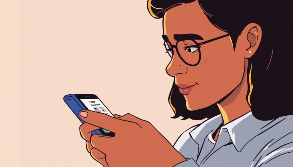 Generate an image of a person clipping digital coupons on the Flipp app.