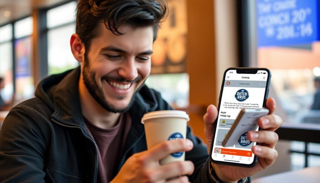 Generate an image of a person enjoying a free coffee from Dutch Bros on their mobile phone, with the Dutch Bros app open in the background.