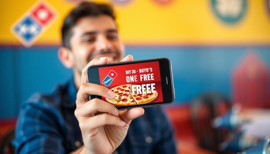 Generate an image of a person holding a smartphone with the Domino's app open, showing a "buy one get one free" pizza deal.