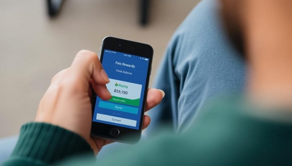 Generate an image of a person using the Fetch Rewards app on their smartphone, with a visible points balance.