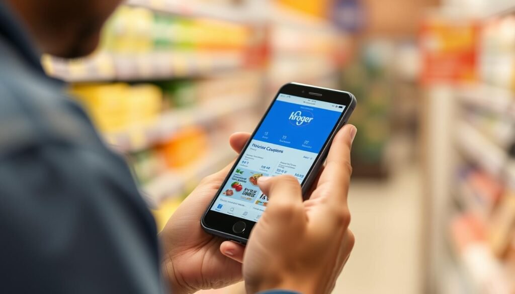 Generate an image of a person using the Kroger App on their smartphone, with digital coupons and offers visible.