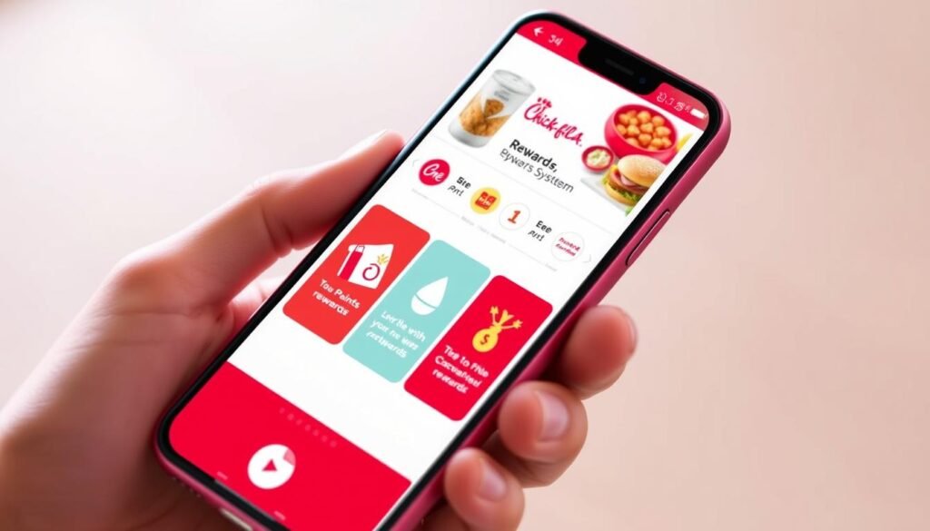 Generate an image of the Chick-fil-A One app on a smartphone, highlighting the rewards and points system.