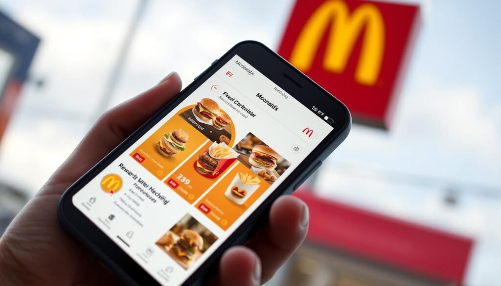 Generate an image of the McDonald's app interface on a smartphone, showing various deals and rewards.
