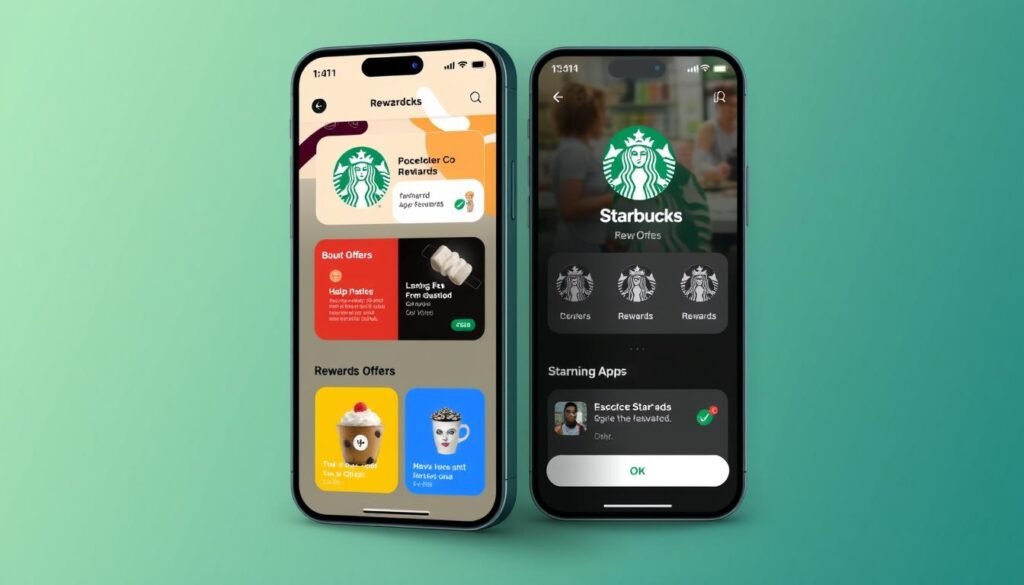 Generate an image of the Starbucks app interface, showing various offers and rewards.