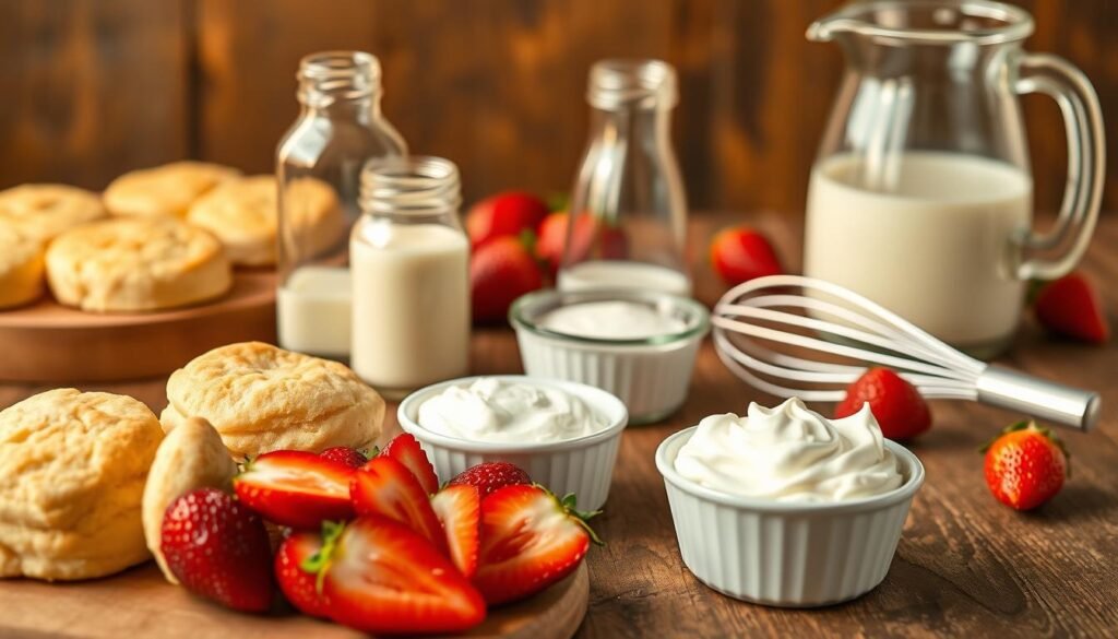 Homemade mini strawberry shortcakes ingredients arranged on a rustic wooden table. In the foreground, freshly baked buttermilk biscuits, sliced strawberries, and a small bowl of whipped cream. In the middle ground, a jar of vanilla extract, a sifter, and a wire whisk. In the background, a glass pitcher filled with milk and some additional strawberries scattered across the table. Warm, golden lighting casts a cozy glow over the scene, creating a welcoming and appetizing atmosphere.