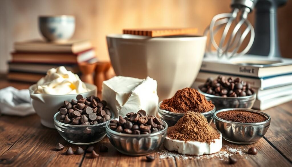 Ingredients for Mocha Cream Cheese Mousse Brownies: A close-up, high-resolution photograph of various baking ingredients arranged on a rustic wooden table. Foreground features fresh cream, cream cheese, chocolate chips, cocoa powder, and espresso powder. Midground showcases a mixing bowl, electric hand mixer, and a stack of cookbooks. Background has soft, warm lighting and a blurred, bokeh effect, creating a cozy, inviting atmosphere. The composition is balanced, with ingredients strategically placed to draw the eye towards the center. Subtle shadows and reflections add depth and dimension to the scene.
