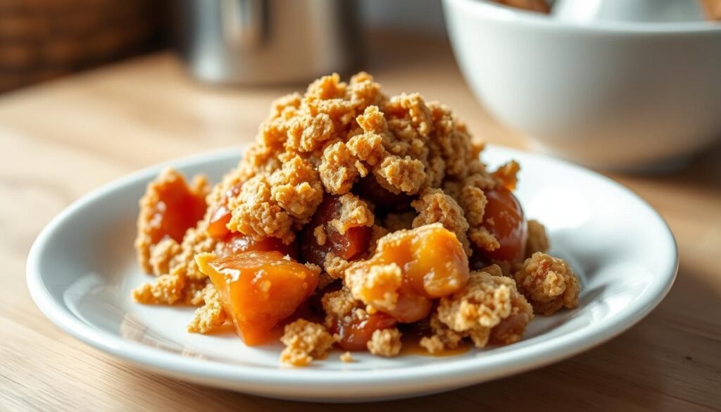 a pristine white plate with a generous serving of gluten-free crisp, showcasing golden-brown crumble topping and vibrant, glistening fruit filling, all bathed in soft, natural lighting that accentuates the texture and warmth of the dish. The crisp is positioned centrally on the plate, with a simple, minimalist arrangement that allows the ingredients to shine. The background is a soft, blurred setting, hinting at a cozy, domestic kitchen environment. The overall mood is one of rustic elegance, inviting the viewer to indulge in the comforting, homemade appeal of this gluten-free delight.