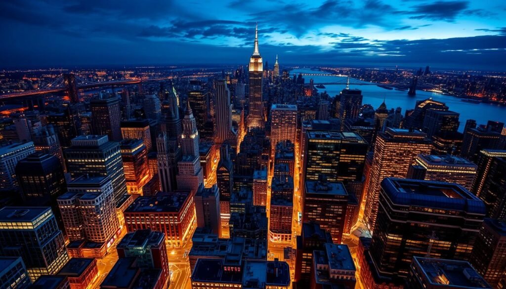 Aerial view of New York City at night highlighting Top 10 super clubs in NYC Aerial view of New York City at night highlighting Top 10 super clubs in NYC