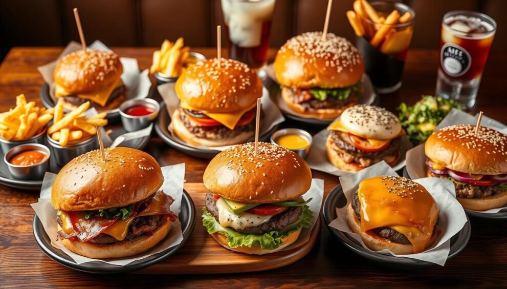 Assortment of gourmet burgers from Top 10 Burger Joints in Houston Texas with fries and condiments