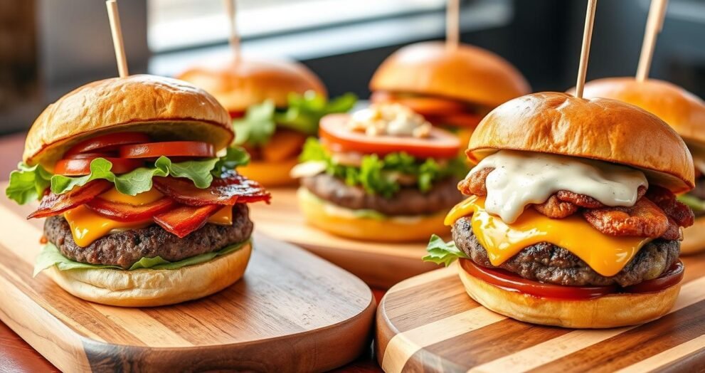 Assortment of gourmet burgers from Top 10 Burger Joints in New Jersey displayed on wooden boards