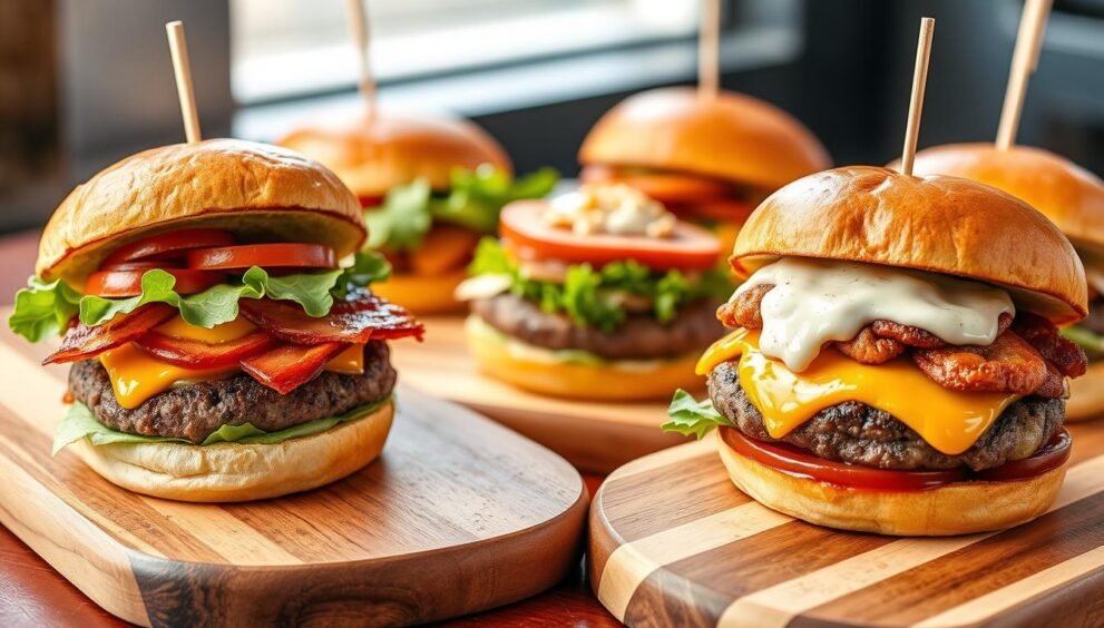 Assortment of gourmet burgers from Top 10 Burger Joints in New Jersey displayed on wooden boards