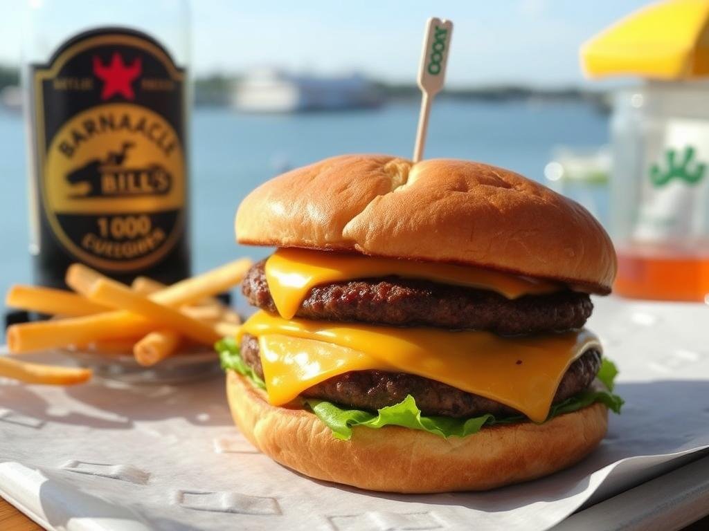 Barnacle Bill's classic cheeseburger with waterfront view of Navesink River Barnacle Bill's classic cheeseburger with waterfront view of Navesink River