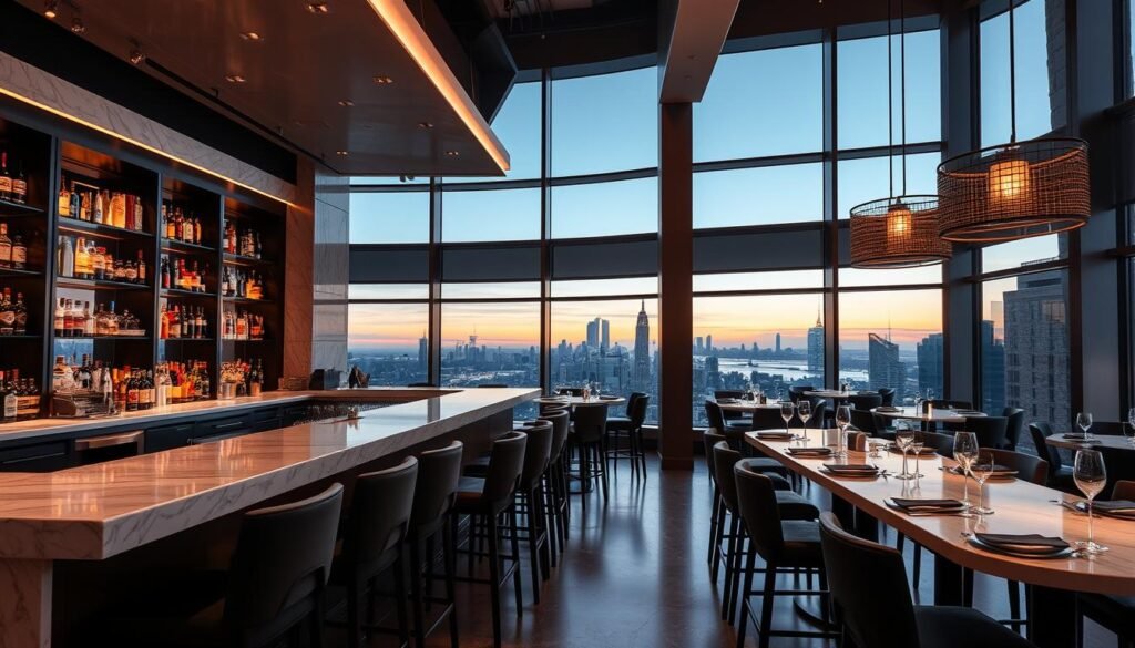 Blu on the Hudson restaurant NJ bar area with Manhattan skyline view Blu on the Hudson restaurant NJ bar area with Manhattan skyline view