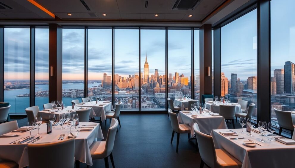 Blu on the Hudson restaurant NJ waterfront dining room with Manhattan skyline views