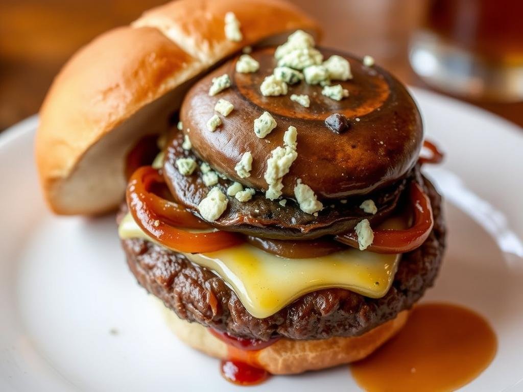 Blue Monkey Tavern's signature burger with blue cheese and portobella mushroom Blue Monkey Tavern's signature burger with blue cheese and portobella mushroom
