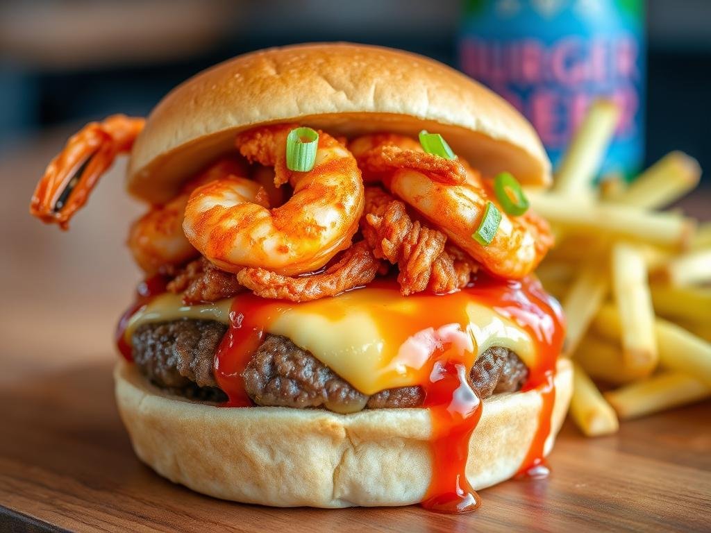 Burger 25's Reef & Beef burger with rock shrimp and Gochujang sauce Burger 25's Reef & Beef burger with rock shrimp and Gochujang sauce