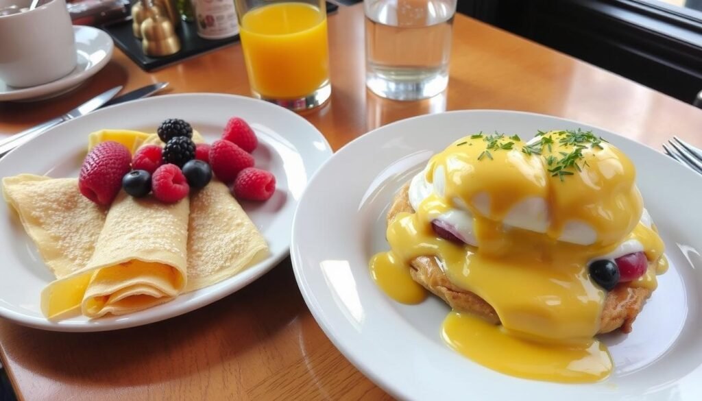 Cafe Henri's French breakfast with crepes and eggs benedict, representing best breakfast NYC French options Cafe Henri's French breakfast with crepes and eggs benedict, representing best breakfast NYC French options
