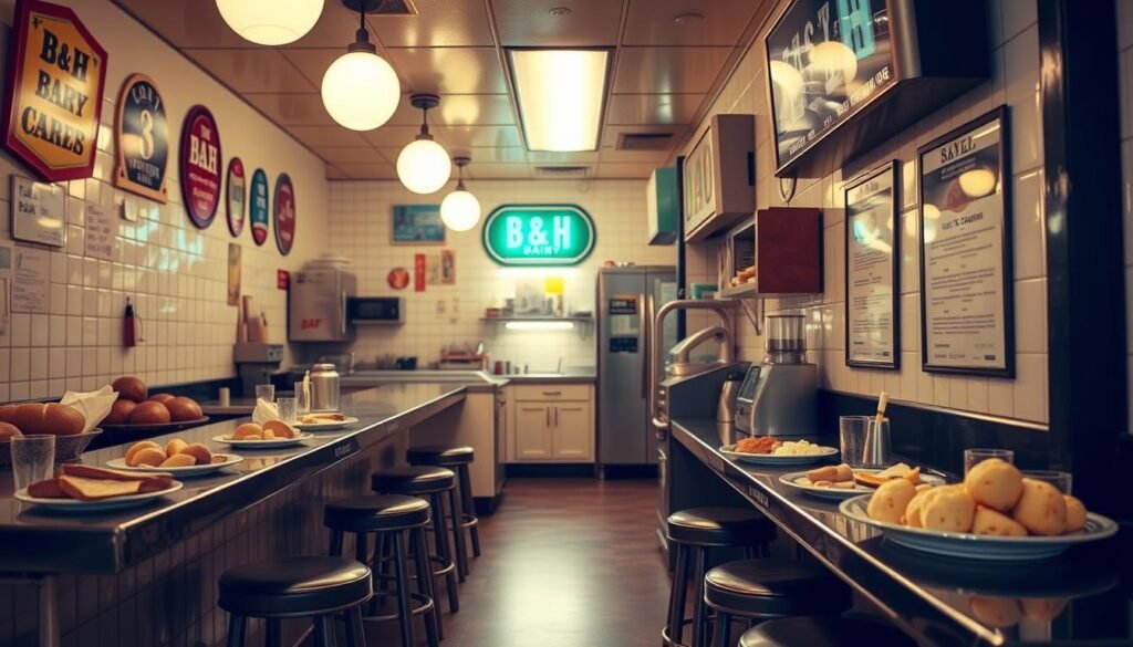 Counter seating at B&H Dairy showing traditional Jewish comfort food, representing best cheap dinner restaurants NYC